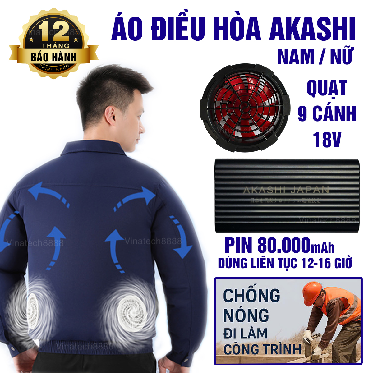 Áo điều hòa màu xanh [2 Áo + 1 Phụ kiện] Pin công nghệ chống trai 28.000mAh(10 - 20h), Quạt 22V Tubo siêu khỏe